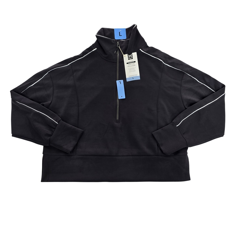 Members‎ Mark Womens Sandwash Half Zip Pullover Black White Piping Large NWT